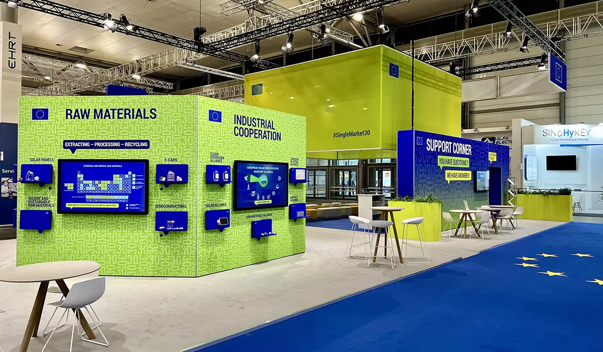 Branded environment created by Hypsos for European Commission at HMI 2023
