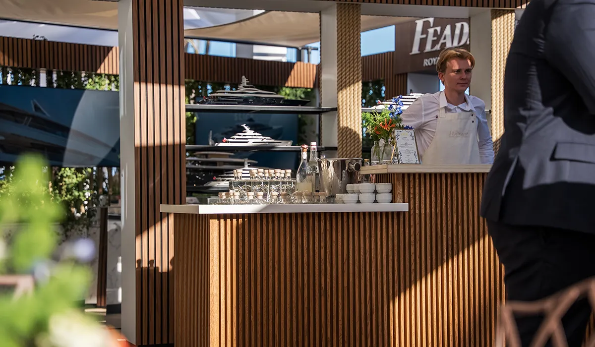 Reception area of exclusive Feadship lounge at the Monaco Yacht Show 2025