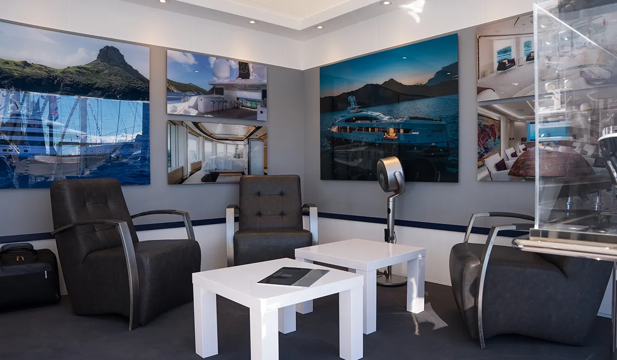 Meeting area at the Royal Hakvoort exhibition stand at the Monaco Yacht Show 2025