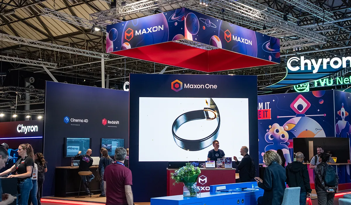 Close-up of interactive elements at the Maxon exhibition stand at IBC 2025, realised by Hypsos