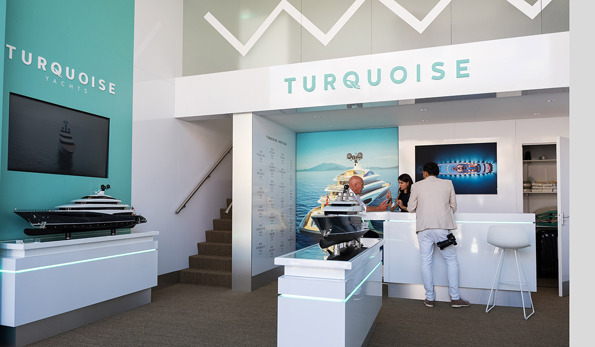 Branded environment created by Hypsos for Turquioise at the Monaco Yacht Show 2025