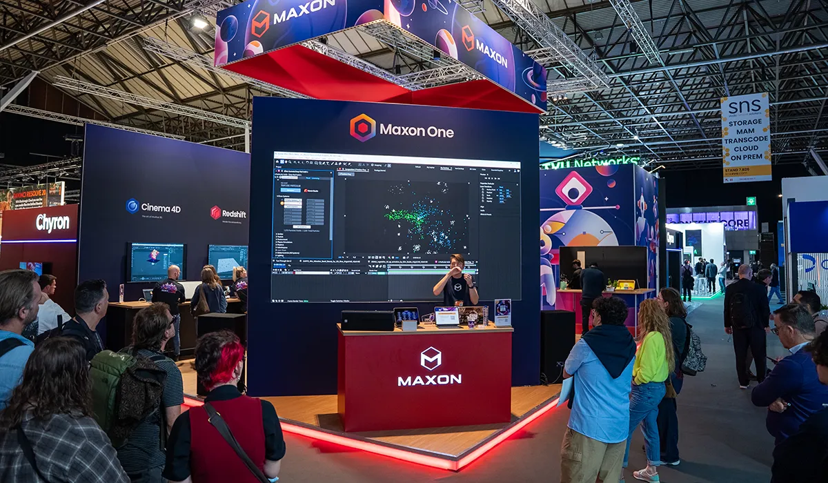 Wide view of the exhibition presence for Maxon at the IBC 2025, realised by Hypsos