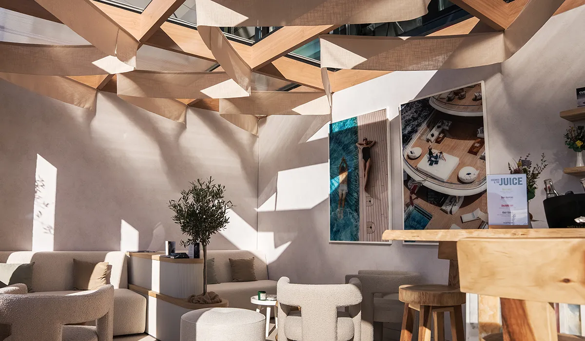 Overview of the Oceanco brand experience showcasing high-end materials at the Monaco Yacht Show 2025, designed and built by Hypsos