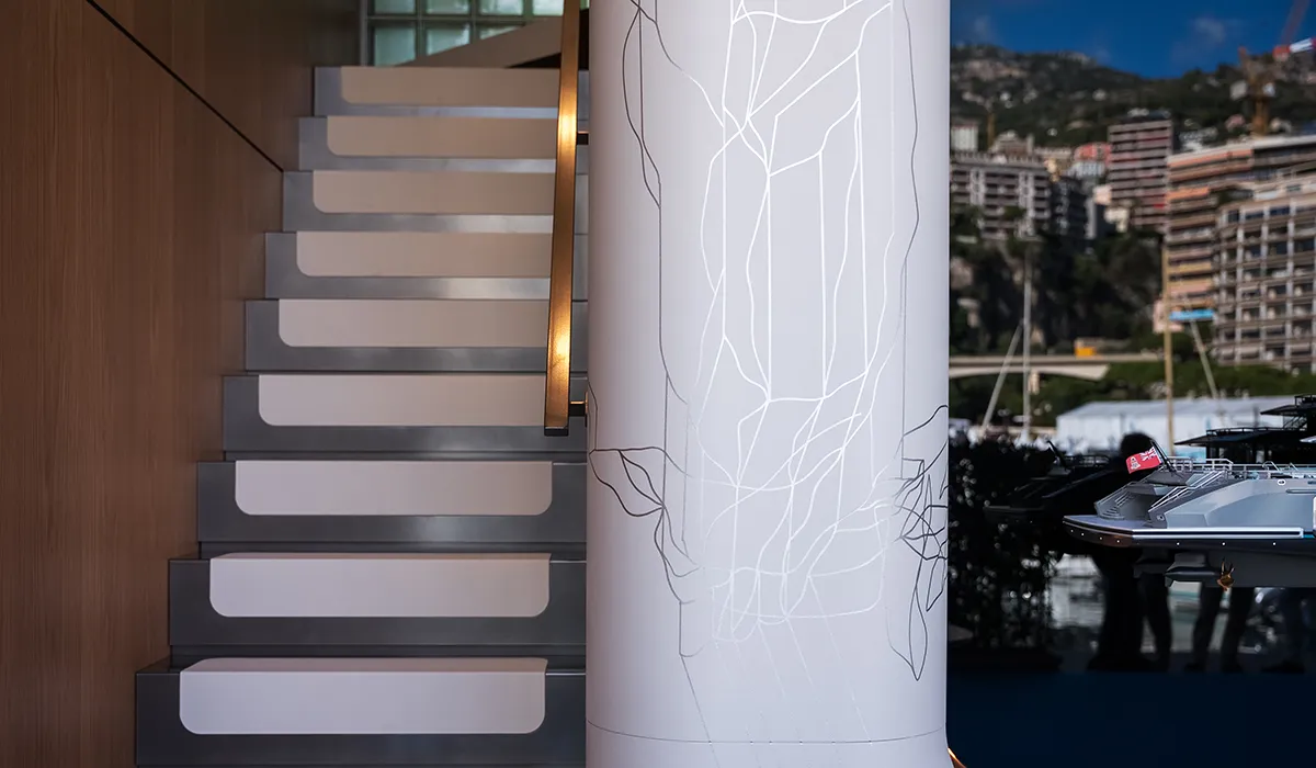 Close-up detail of the exhibition design for Oceanco at the Monaco Yacht Show realised by Hypsos