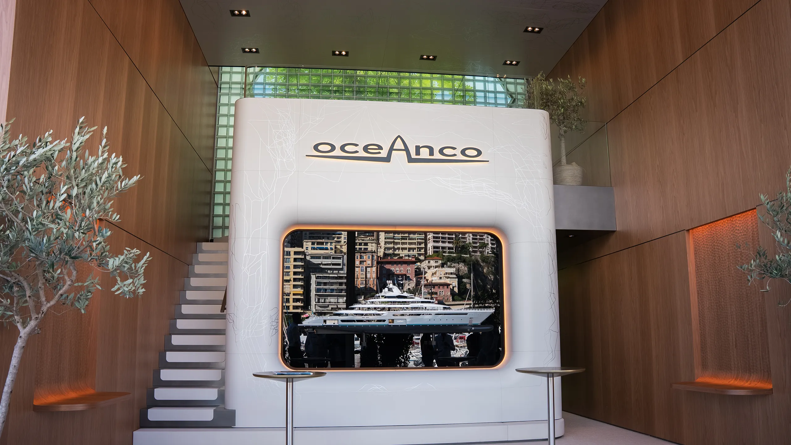 Detail of luxury materials and finishes in the Oceanco brand experience at the Monaco Yacht Show 2025, created by Hypsos