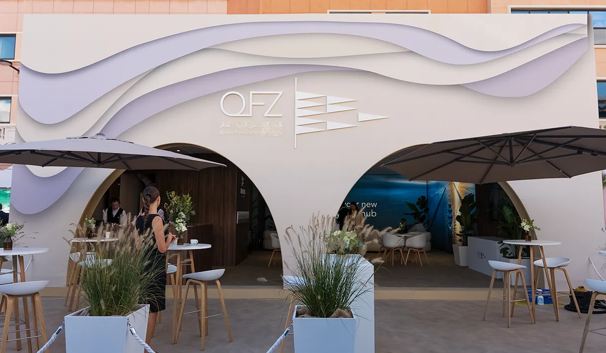 Entrance area of the Hypsos exhibition stand for client Qatar Free Zones Authority at the Monaco Yacht Show 2025