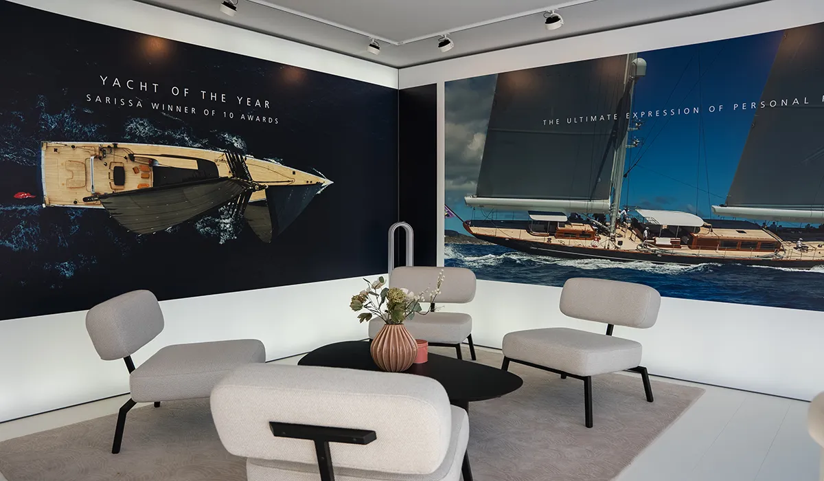 Meeting area of the Hypsos exhibition stand for Royal Huisman at the Monaco Yacht Show 2025